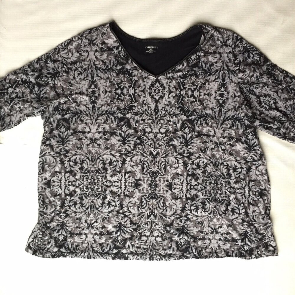 Catherines Shirt Womens 3X Top Blouse Black Gray Paisley Floral Flower 26/28